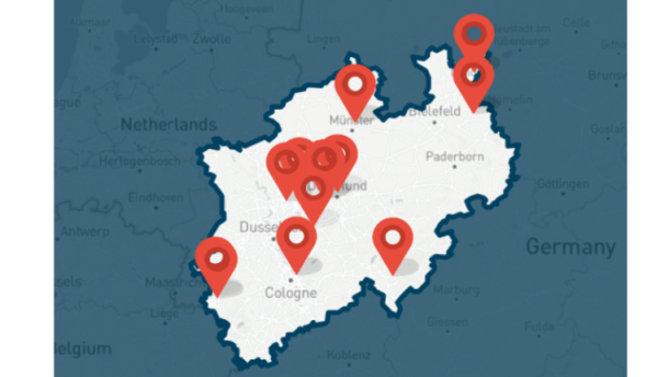Landkarte von Nordrhein-Westfalen mit den Hochschule die Verkehrsplanung anbieten