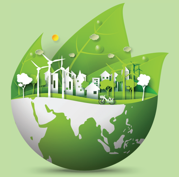 grüner Planet mit Blättern und Natur Grafik